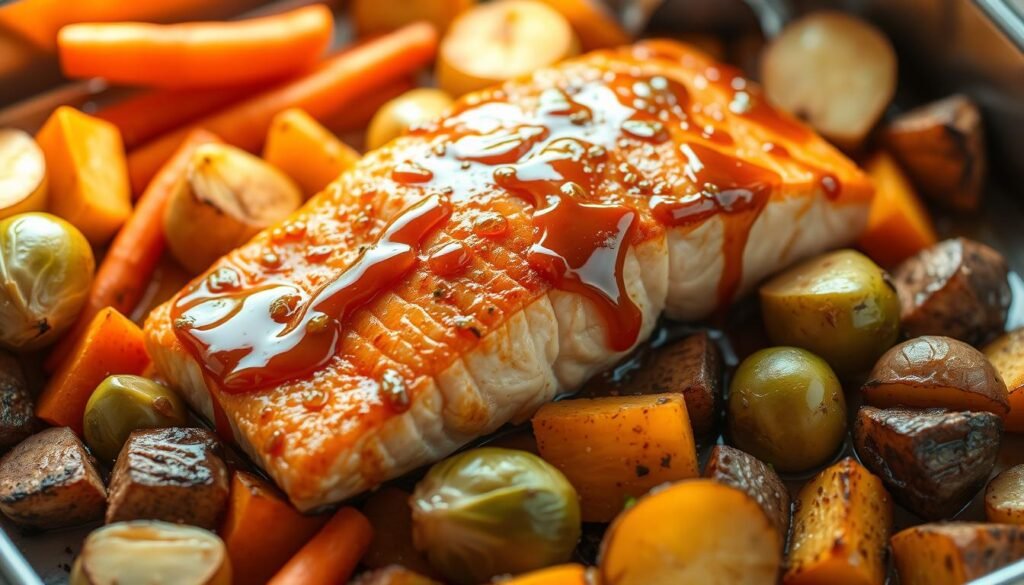 A beautifully baked salmon filet, glistening with a sweet and savory maple-mustard glaze, rests atop a bed of roasted seasonal vegetables. The salmon is perfectly cooked, with a delicate flaky texture and a subtle pink hue. The vegetables, including vibrant carrots, tender Brussels sprouts, and earthy potatoes, are evenly roasted to a golden brown, creating a harmonious visual feast. The scene is bathed in warm, natural lighting, casting a soft, inviting glow on the entire composition. The camera angle is slightly elevated, allowing the viewer to appreciate the layers of flavors and textures within the dish. The overall atmosphere is one of comforting, homemade elegance, perfect for a satisfying low-FODMAP dinner.