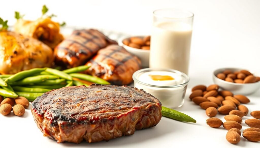 A beautifully lit, close-up photograph of various high-protein foods arranged on a clean, white background. In the foreground, a juicy steak sizzles under warm, golden lighting, its tender texture and rich marbling visible. Surrounding it are roasted chicken breasts, vibrant green edamame pods, and a handful of raw almonds. In the middle ground, a bowl of creamy Greek yogurt is drizzled with honey, while a glass of milk stands tall, reflecting the soft, indirect illumination. The background is a simple, minimalist setting, allowing the nutritious, hormone-supporting ingredients to take center stage and convey a sense of balance, health, and vitality. A beautifully lit, close-up photograph of various high-protein foods arranged on a clean, white background. In the foreground, a juicy steak sizzles under warm, golden lighting, its tender texture and rich marbling visible. Surrounding it are roasted chicken breasts, vibrant green edamame pods, and a handful of raw almonds. In the middle ground, a bowl of creamy Greek yogurt is drizzled with honey, while a glass of milk stands tall, reflecting the soft, indirect illumination. The background is a simple, minimalist setting, allowing the nutritious, hormone-supporting ingredients to take center stage and convey a sense of balance, health, and vitality.