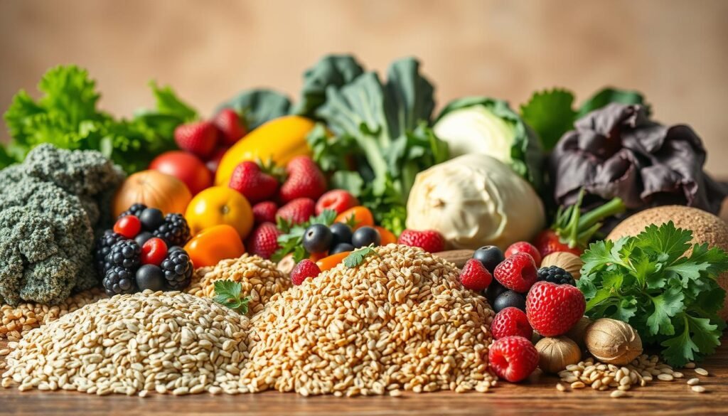 A beautifully lit, high-resolution still life photograph showcasing an assortment of the best fiber-rich foods. In the foreground, a variety of whole grains, such as oats, quinoa, and brown rice, are neatly arranged. In the middle ground, a selection of vibrant fruits and vegetables, including berries, leafy greens, and cruciferous vegetables, are artfully displayed. In the background, a subtle backdrop of earthy tones, perhaps a wooden table or a natural fabric, provides a warm and inviting atmosphere. The lighting is soft and diffused, highlighting the natural textures and colors of the ingredients. The overall composition is balanced and aesthetically pleasing, creating a visually appealing representation of the best fiber-rich foods for midlife women. A beautifully lit, high-resolution still life photograph showcasing an assortment of the best fiber-rich foods. In the foreground, a variety of whole grains, such as oats, quinoa, and brown rice, are neatly arranged. In the middle ground, a selection of vibrant fruits and vegetables, including berries, leafy greens, and cruciferous vegetables, are artfully displayed. In the background, a subtle backdrop of earthy tones, perhaps a wooden table or a natural fabric, provides a warm and inviting atmosphere. The lighting is soft and diffused, highlighting the natural textures and colors of the ingredients. The overall composition is balanced and aesthetically pleasing, creating a visually appealing representation of the best fiber-rich foods for midlife women.