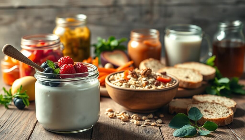 A beautifully lit still-life scene showcasing an assortment of probiotic-rich foods on a rustic wooden table. In the foreground, a glass jar filled with live cultured yogurt, garnished with fresh berries and a wooden spoon. Behind it, a selection of fermented vegetables like sauerkraut and kimchi, their vibrant colors and textures accentuated by the soft, natural lighting. In the middle ground, a bowl of fiber-rich oats, topped with toasted nuts and a drizzle of honey. In the background, a scattering of whole-grain bread slices, a jar of kombucha, and a few leafy greens, all elements working together to create a visually appealing and appetizing representation of gut-supporting foods.