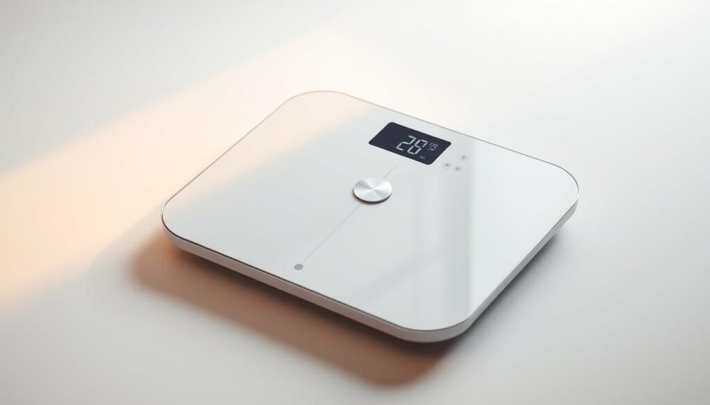 A beautifully lit studio photograph of an Arboleaf smart scale, placed on a clean, white surface. The scale is prominently featured, showcasing its sleek, minimalist design with a large, easy-to-read digital display. The scale is bathed in warm, directional lighting, creating subtle shadows and highlights that accentuate its elegant form. The background is a clean, softly-diffused white, allowing the scale to be the central focus of the image. The overall mood is one of simplicity, clarity, and technical precision, reflecting the "affordable Wi-Fi plus clear health ranges" theme of the section.