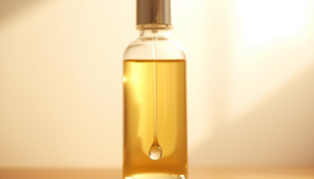 A bottle of clear, viscous squalane oil in the center of the frame, against a soft, diffused background. The lighting is warm and natural, creating a subtle glow around the bottle. The surface of the oil reflects the light, showcasing its lightweight and silky texture. In the foreground, a few drops of the oil are suspended, highlighting its featherlight and hydrating properties. The background is hazy and out of focus, placing the emphasis on the central bottle and the oil's radiant, youthful finish. The overall mood is calm, serene, and inviting, evoking a sense of natural skincare and nourishment.