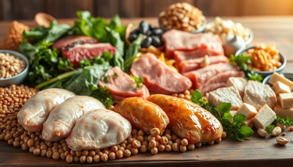 A bountiful still life showcasing a variety of nutrient-dense protein foods, artfully arranged on a rustic wooden table. In the foreground, plump, juicy chicken breasts, glistening with a light glaze, nestled among earthy lentils and hearty chickpeas. In the middle ground, a selection of fresh, lean cuts of beef and pork, complemented by vibrant, leafy greens and crunchy vegetables. In the background, a carefully curated array of plant-based protein sources, such as tofu, tempeh, and an assortment of nuts and seeds, all bathed in warm, natural lighting that enhances their textures and colors. The overall composition exudes a sense of balance, nourishment, and the foundational elements of a hormone-supportive plate.