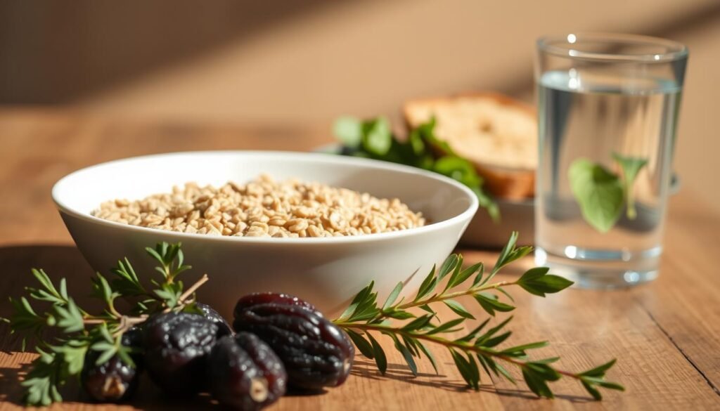 A bowl of whole grain cereal and fresh fruits, accompanied by a glass of water, sits atop a wooden table. The lighting is warm and natural, casting soft shadows that accentuate the textures of the ingredients. In the foreground, a handful of fiber-rich prunes and a sprig of fresh herbs add a touch of earthy elegance. The middle ground features a selection of leafy greens and a slice of whole wheat toast, symbolizing the importance of daily fiber and fluid intake. The background is blurred, allowing the focus to remain on the nourishing, digestive-friendly components of the scene. A bowl of whole grain cereal and fresh fruits, accompanied by a glass of water, sits atop a wooden table. The lighting is warm and natural, casting soft shadows that accentuate the textures of the ingredients. In the foreground, a handful of fiber-rich prunes and a sprig of fresh herbs add a touch of earthy elegance. The middle ground features a selection of leafy greens and a slice of whole wheat toast, symbolizing the importance of daily fiber and fluid intake. The background is blurred, allowing the focus to remain on the nourishing, digestive-friendly components of the scene.