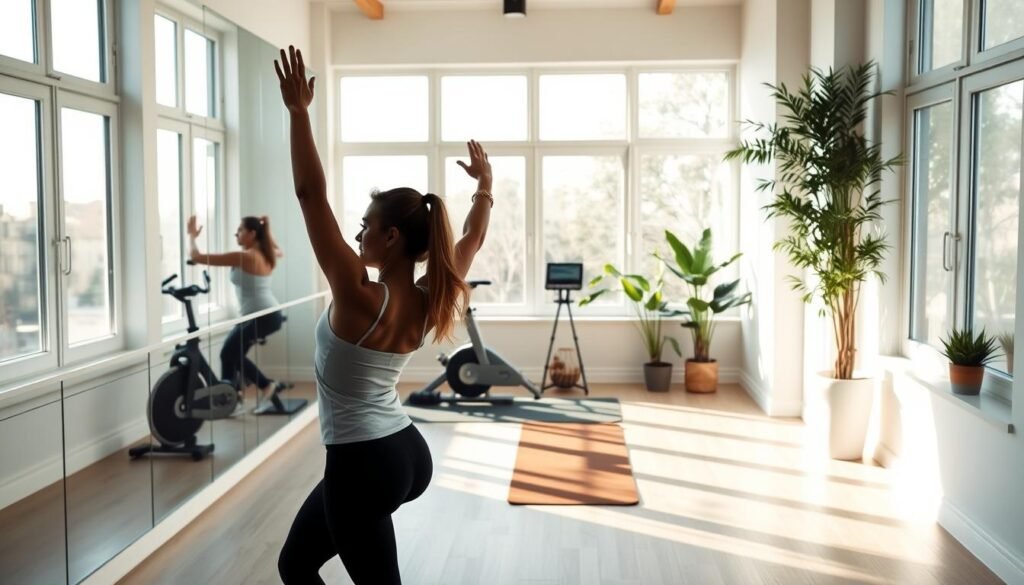 A bright, airy home gym with large windows flooding the space with natural light. In the foreground, a young woman in her mid-30s performs a series of dynamic stretches, her movements fluid and focused. Mirrored walls reflect her silhouette, creating a sense of depth and movement. The middle ground features a sleek exercise bike and a yoga mat, hinting at a well-rounded workout routine. In the background, potted plants and minimalist decor create a soothing, rejuvenating atmosphere, perfect for a quick but effective morning workout.