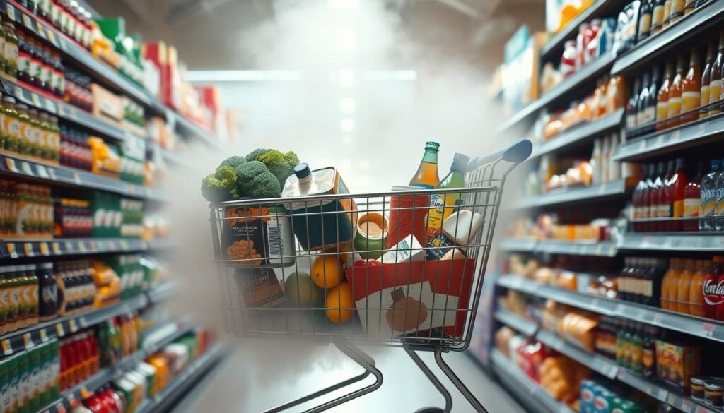 A brightly lit grocery store aisle, filled with a variety of food items. In the center, a large shopping cart overflowing with common culprits of gas and bloating - canned beans, broccoli, dairy products, and carbonated beverages. The cart is surrounded by a hazy, dreamlike atmosphere, emphasizing the impact these foods can have on digestion. The lighting is soft and diffused, creating a gentle, approachable tone. The angle is slightly elevated, allowing the viewer to survey the scene as if standing in the aisle. The overall mood is informative, yet visually appealing, guiding the viewer towards making more conscious choices in the grocery store.