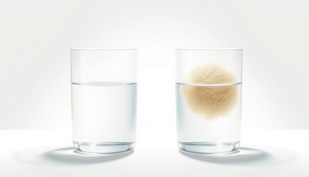 A clean, minimalist illustration contrasting soluble and insoluble fiber. In the foreground, two clean, clear glass containers filled with water. One container holds a murky, viscous liquid representing soluble fiber, while the other contains a floating, fibrous mass representing insoluble fiber. Soft, even lighting from above creates long shadows on a plain, light-colored background, giving the scene a scientific, educational feel. The composition is balanced, with the two containers taking up the majority of the frame. No distracting elements, just a clear visual contrast between the two fiber types and their distinct properties. A clean, minimalist illustration contrasting soluble and insoluble fiber. In the foreground, two clean, clear glass containers filled with water. One container holds a murky, viscous liquid representing soluble fiber, while the other contains a floating, fibrous mass representing insoluble fiber. Soft, even lighting from above creates long shadows on a plain, light-colored background, giving the scene a scientific, educational feel. The composition is balanced, with the two containers taking up the majority of the frame. No distracting elements, just a clear visual contrast between the two fiber types and their distinct properties.