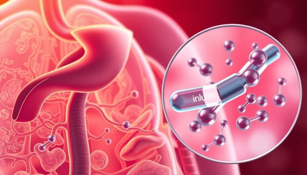 A close-up, cross-sectional illustration showcasing the complex interplay between hormones and blood sugar regulation. The foreground depicts a detailed anatomical diagram of the pancreas, liver, and associated endocrine glands, illuminated by soft, warm lighting to highlight the intricate physiological processes. The middle ground features a magnified view of glucose and insulin molecules, their interactions visually represented through dynamic, fluid-like motions. The background subtly blends shades of red and pink, symbolizing the circulatory system and the vital role of blood sugar management in overall health, especially for women over 35. The composition conveys a sense of scientific precision and clinical understanding, guiding the viewer through the key mechanisms underlying the section's topic.