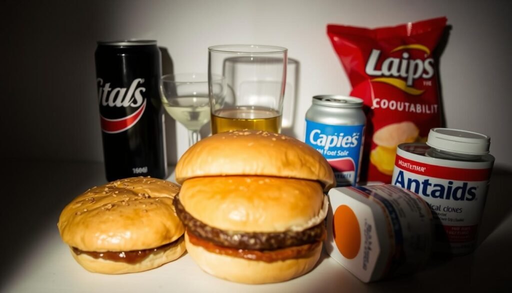A close-up, detailed image of common gut health triggers, including a greasy fast food burger, a soda can, a glass of alcohol, a bag of potato chips, and a container of antacids, set against a plain, neutral background. The items are evenly lit from the side, creating long shadows and emphasizing the textures and shapes. The mood is one of caution and restraint, highlighting how these unhealthy foods and habits can negatively impact digestive well-being. The camera angle is slightly low, giving the viewer a sense of the scale and prominence of these problematic elements. A close-up, detailed image of common gut health triggers, including a greasy fast food burger, a soda can, a glass of alcohol, a bag of potato chips, and a container of antacids, set against a plain, neutral background. The items are evenly lit from the side, creating long shadows and emphasizing the textures and shapes. The mood is one of caution and restraint, highlighting how these unhealthy foods and habits can negatively impact digestive well-being. The camera angle is slightly low, giving the viewer a sense of the scale and prominence of these problematic elements.