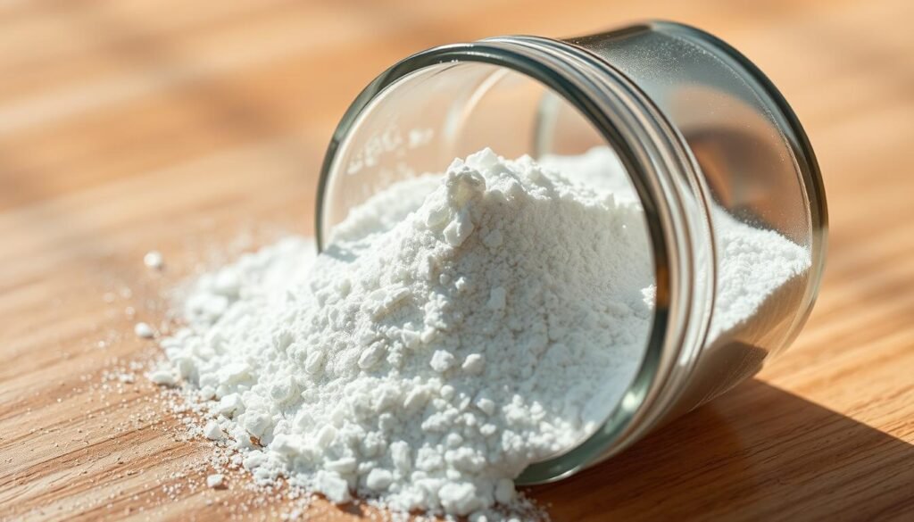 A close-up, high-resolution photograph of a transparent glass container filled with shimmering, crystalline magnesium glycinate powder. The powder is arranged in an artful, natural-looking display, illuminated by soft, warm lighting from above that casts gentle shadows and highlights the texture and purity of the supplement. The container is placed on a minimalist, wooden surface, creating a serene, spa-like atmosphere. The image conveys a sense of quality, purity, and the potential benefits of magnesium glycinate for improved sleep and relaxation.
