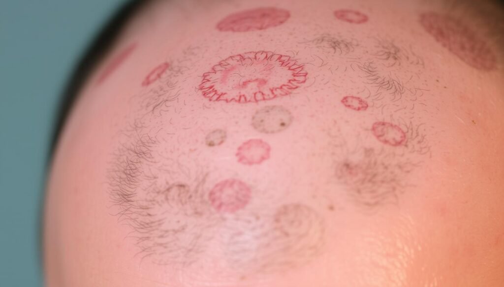 A close-up of a balding scalp with visible thinning hair and areas of patchy hair loss. The skin appears dry and flaky, with a reddened, irritated appearance. The lighting is soft and diffuse, casting subtle shadows that accentuate the uneven texture of the scalp. The focus is sharp, drawing the viewer's attention to the details of the condition. The overall mood is one of concern and the need for professional intervention, aligning with the article's subject of seeking personalized solutions for hair growth challenges.