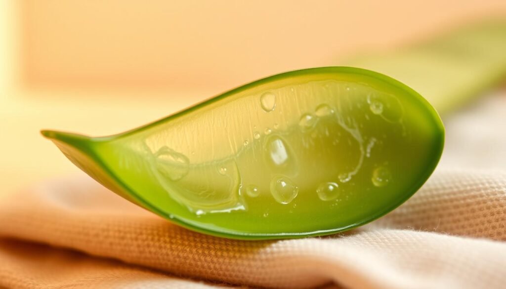 A close-up of a freshly cut aloe vera leaf, revealing its translucent, jelly-like interior. The leaf is gently resting on a soft, natural-toned cloth or surface, allowing the aloe's soothing, moisturizing properties to be the focal point. Warm, indirect lighting highlights the leaf's vibrant green hue and the smooth, almost-luminous texture of the aloe gel. The background is minimal and uncluttered, creating a serene, spa-like atmosphere that emphasizes the pure, natural essence of this versatile plant. The image conveys a sense of calm, healing, and the gentle power of this botanical remedy for dark spots and blemishes.