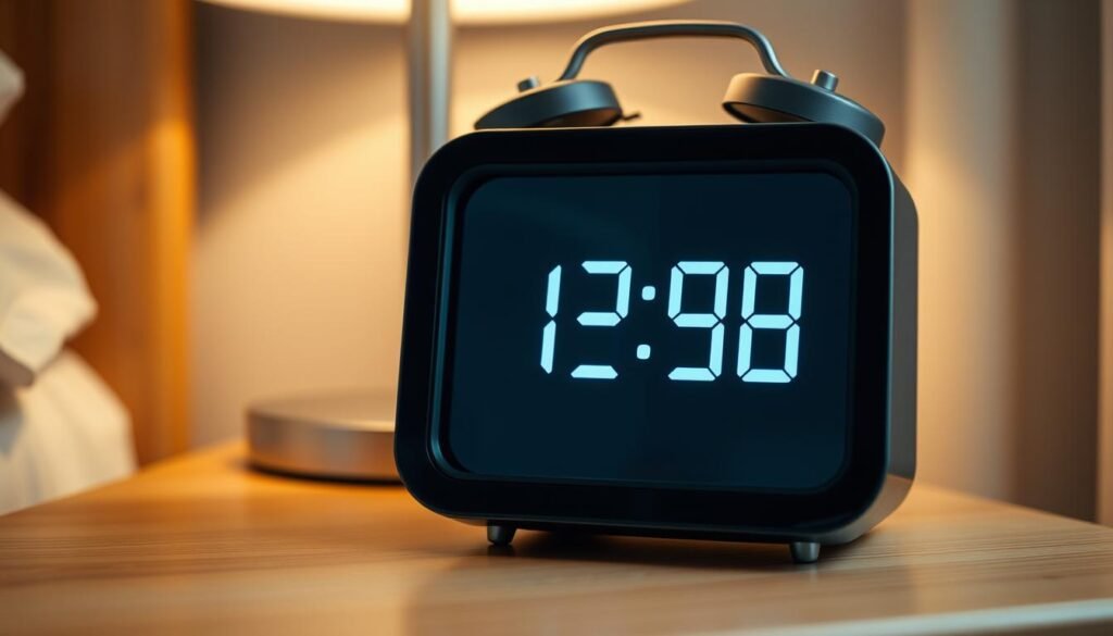 A close-up of a modern, sleek alarm clock on a wooden nightstand. The clock's display shows the time in a large, easy-to-read digital font. The frame is minimalist, with clean lines and a matte finish, complementing the warm, natural tones of the wooden surface. Soft, diffused lighting from a lamp or window casts a gentle glow, creating a serene, inviting atmosphere. The scene conveys a sense of tranquility and control, encouraging the viewer to start the day refreshed and focused, rather than relying on the snooze button.