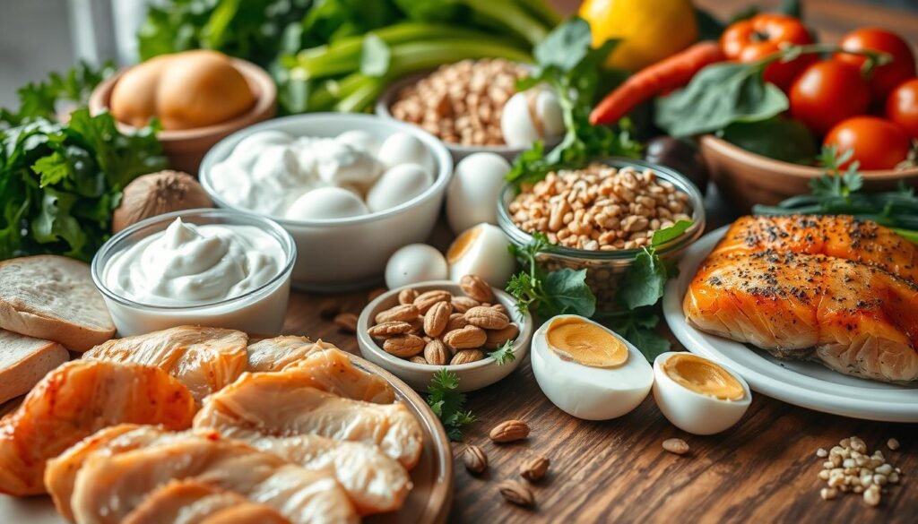 A close-up of an abundant arrangement of protein-rich foods on a wooden table, illuminated by soft, natural lighting. In the foreground, a selection of lean meats, such as grilled chicken breasts and seared salmon fillets, are neatly presented. In the middle ground, bowls of Greek yogurt, hard-boiled eggs, and a handful of mixed nuts add texture and variety. The background features a variety of leafy greens, vibrant vegetables, and whole grains, creating a visually appealing and balanced representation of a nutrient-dense, protein-focused diet. The overall mood is one of health, wellness, and culinary delight, inviting the viewer to consider how they might incorporate more protein into their own meals.