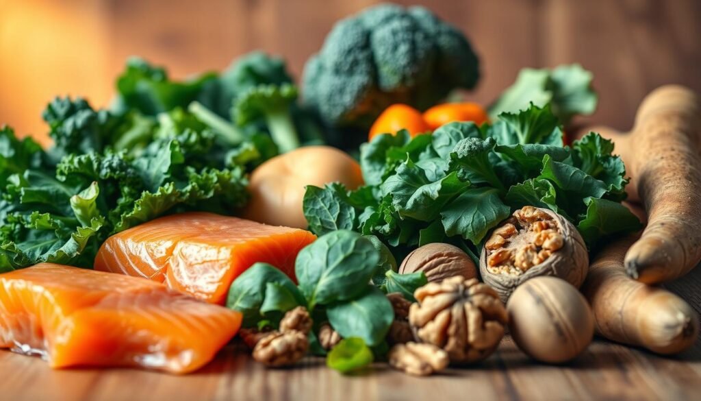 A close-up of an assortment of nutritious foods on a wooden table, arranged to depict a balanced diet for thyroid health. In the foreground, fresh leafy greens, such as kale and spinach, are juxtaposed with omega-rich foods like salmon and walnuts. In the middle ground, vibrant vegetables like broccoli and sweet potatoes are highlighted, conveying the importance of cruciferous and root vegetables. The background features a subtle, warm-toned lighting, creating a cozy, inviting atmosphere. The overall composition emphasizes the key dietary elements that support optimal thyroid function, presented in a clean, visually appealing manner.