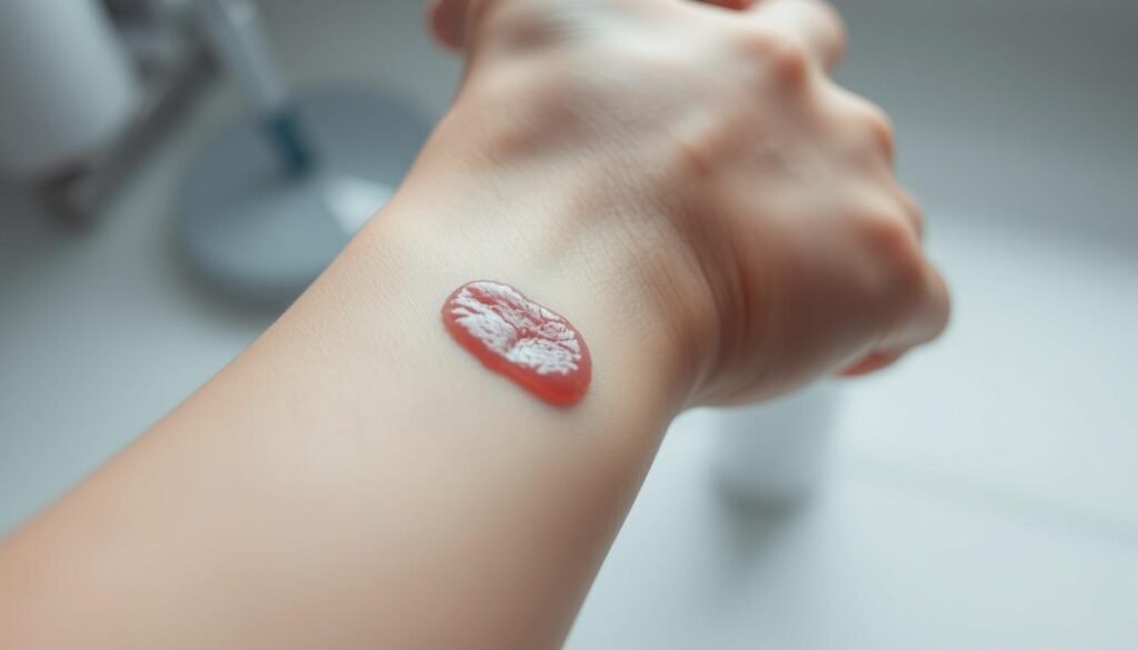 A close-up photograph of a person's forearm with a small patch of skin testing a cosmetic product. The skin is smooth, lightly tanned, and the test patch is a slightly reddened area, clearly indicating a reaction. The background is blurred, but suggests a clean, clinical environment. Soft, diffused lighting illuminates the scene, casting subtle shadows that accentuate the texture of the skin. The angle is slightly elevated, creating a sense of intimacy and attention to detail. The overall mood is one of scientific examination and personal care, conveying the importance of responsible product testing before use.