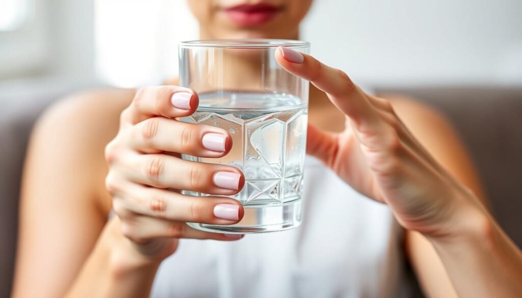 A close-up photograph of a woman's hand holding a glass of water, capturing the signs of dehydration such as dry skin, wrinkles, and fatigue. The image is set against a soft, muted background with natural lighting, conveying a sense of calm and introspection. The woman's face is not visible, but her hand gestures suggest a thoughtful, contemplative mood. The overall composition highlights the importance of proper hydration for women over 35, as a key step in supporting natural detoxification and rejuvenation.