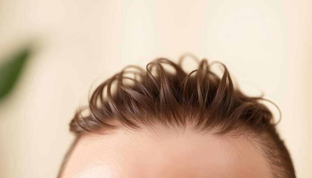A close-up photograph showcasing healthy scalp tips against a soft, blurred background. The scalp is gently parted, revealing lustrous, dense hair follicles and a nourished, supple skin texture. The lighting is soft and diffused, creating a warm, inviting atmosphere. The image is captured at a medium angle, allowing for a detailed examination of the scalp's surface. The overall composition emphasizes the scalp's natural beauty and the importance of scalp health for robust hair growth.
