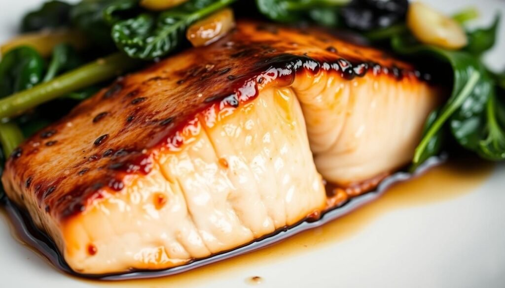 A close-up shot of a beautifully plated miso-glazed salmon fillet, garnished with saut&eacute;ed leeks and spinach. The salmon is cooked to perfection, with a slight charred edge and a glistening, caramelized miso glaze. The leeks and spinach are arranged in a visually appealing manner, adding pops of color and texture. The lighting is soft and natural, highlighting the dish's delicate flavors and aromas. The camera angle is slightly elevated, providing a clear view of the dish's details. The overall mood is sophisticated and appetizing, inviting the viewer to savor this simple yet flavorful meal.