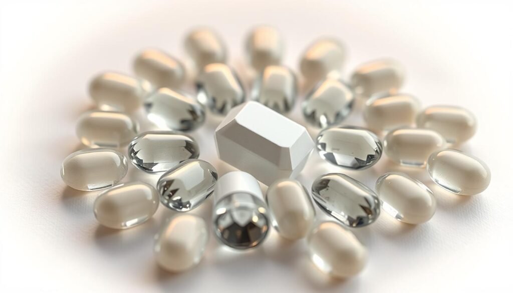 A close-up shot of a crystalline magnesium supplement, its glossy tablets arranged in a radiant pattern against a soft, muted background. The lighting casts a warm, natural glow, highlighting the mineral's purity and luster. The composition emphasizes the calming, restorative qualities of magnesium, essential for promoting restful sleep, managing stress, and maintaining steady energy levels. The image conveys a sense of balance, wellness, and the importance of this vital nutrient for women's health and wellbeing.