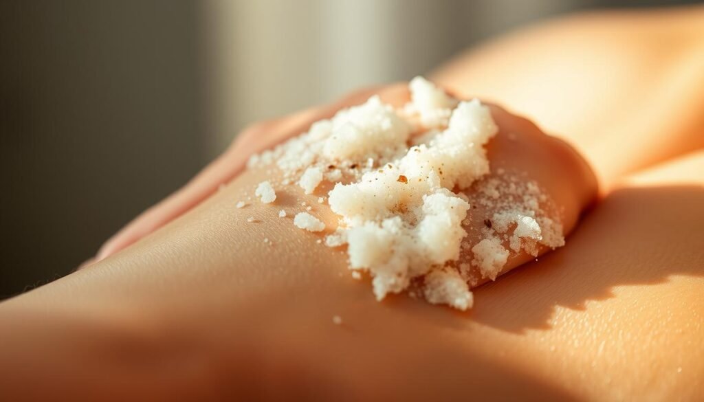 A close-up shot of a hand gently applying a homemade coconut oil and sugar scrub onto smooth, hydrated skin. The scrub appears creamy and luscious, with visible granules of raw sugar crystals and flecks of vanilla bean. Soft, natural lighting illuminates the scene, casting a warm, soothing glow. The background is blurred, keeping the focus on the exfoliating process. The overall mood is one of self-care, pampering, and indulgence in a natural, organic beauty ritual. A close-up shot of a hand gently applying a homemade coconut oil and sugar scrub onto smooth, hydrated skin. The scrub appears creamy and luscious, with visible granules of raw sugar crystals and flecks of vanilla bean. Soft, natural lighting illuminates the scene, casting a warm, soothing glow. The background is blurred, keeping the focus on the exfoliating process. The overall mood is one of self-care, pampering, and indulgence in a natural, organic beauty ritual.