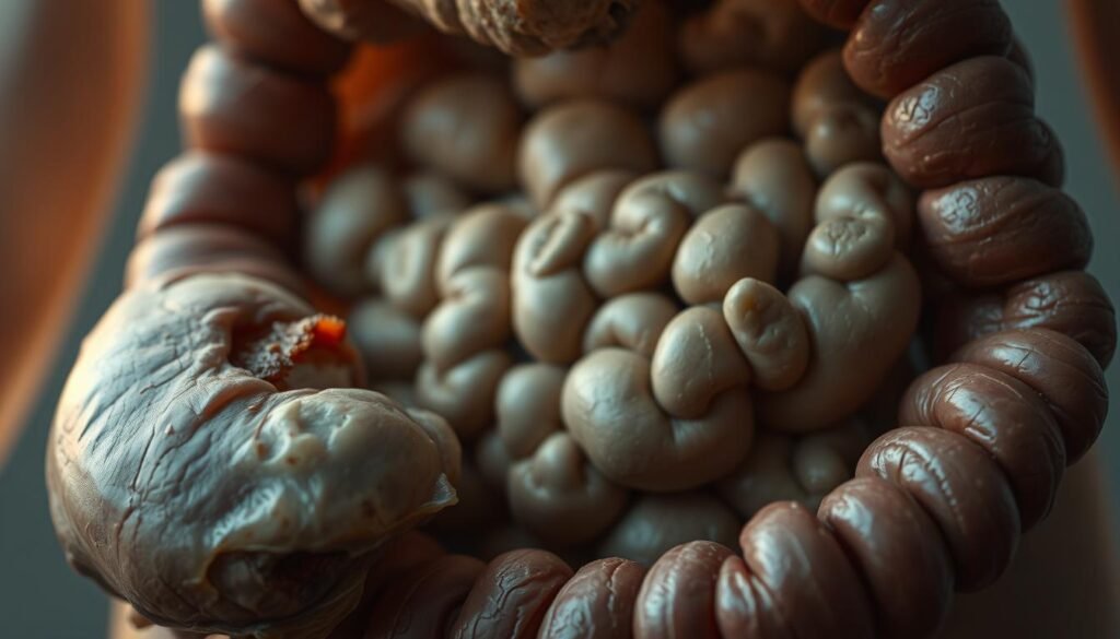 A close-up shot of a human gut, revealing signs of an unhealthy state. In the foreground, a bloated, discolored intestine with visible inflammation and irritation. The middle ground showcases a distressed digestive system, with irregular patterns and textures suggestive of imbalance. In the background, a hazy, muted color palette evokes a sense of discomfort and unease. Soft, diffused lighting casts a subtle, unsettling glow, emphasizing the distressed nature of the gut. The overall composition conveys a sense of unease and the need for a restorative intervention.