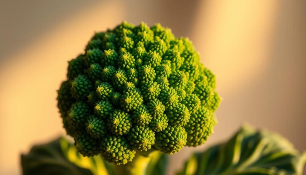 A close-up shot of a vibrant, freshly harvested broccoli floret against a soft, blurred background. The broccoli is illuminated by warm, directional lighting, casting subtle shadows that accentuate its intricate, densely packed clusters of tightly packed, emerald green buds. The image has a crisp, high-resolution quality, captured with a macro lens to showcase the vegetable's nutrient-rich texture and detailed structure. The overall mood is one of nutritional richness and wholesome goodness, inviting the viewer to appreciate the health benefits of this cruciferous powerhouse.
