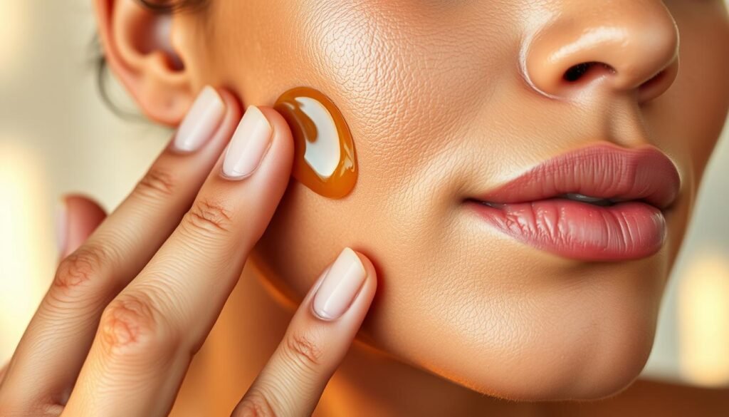 A close-up shot of a woman's hand gently applying marula oil to her youthful, radiant skin. The oil glistens in the soft, warm lighting, casting a healthy, luminous glow. The skin appears supple, with a dewy, nourished texture, subtly diminishing the appearance of fine lines and dryness. The background is blurred, keeping the focus on the skin's revitalized appearance. Capture the luxurious, spa-like atmosphere of this natural beauty ritual.