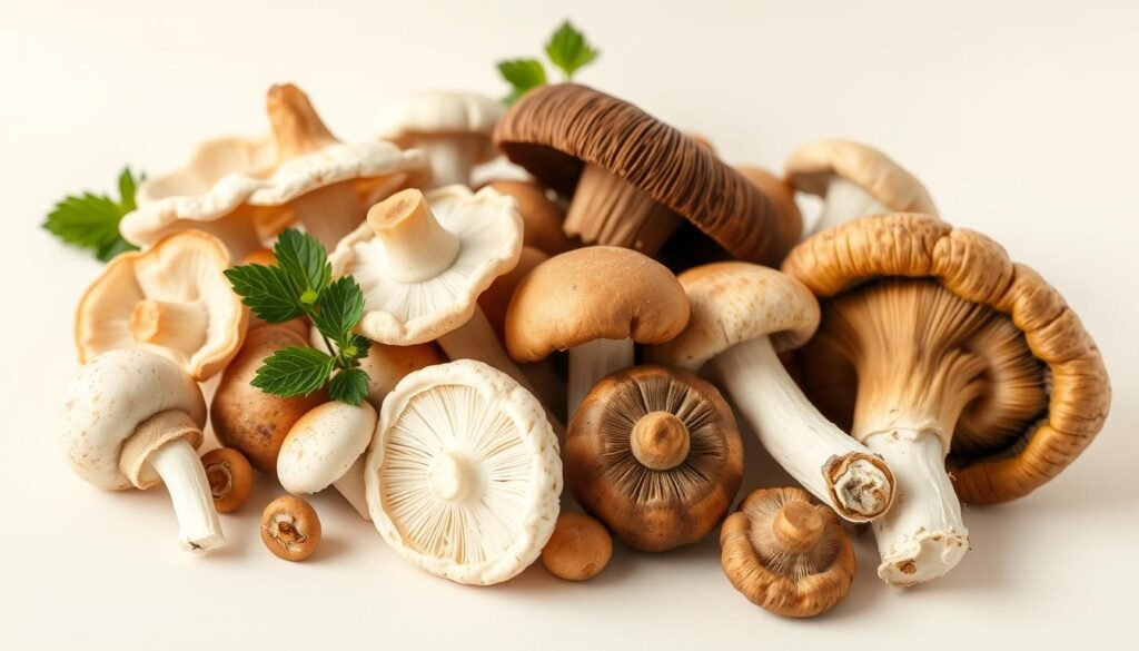 A close-up shot of an assortment of fresh, vibrant mushrooms against a clean, minimalist backdrop. The mushrooms are displayed in a natural, organic arrangement, showcasing their diverse shapes, textures, and hues - from delicate, earthy oyster mushrooms to meaty, brown portobello caps. Soft, diffused lighting illuminates the scene, highlighting the rich, nutrient-dense nature of these low-calorie, versatile fungi. The overall composition conveys a sense of simplicity, health, and the abundance of nature's nutritional offerings.