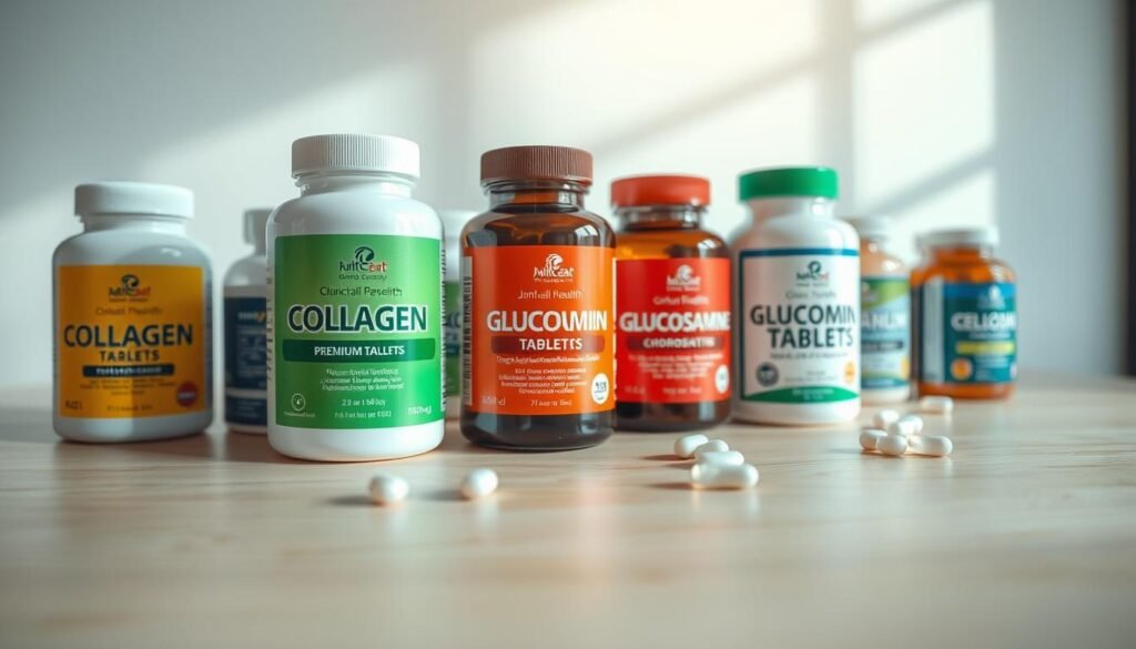 A close-up shot of an assortment of premium joint health supplements, including bottles of collagen, glucosamine, and chondroitin tablets, arranged on a clean, light-colored wooden surface. The bottles are showcased against a soft, diffused natural lighting, creating a warm and inviting atmosphere. The scene conveys a sense of quality, efficacy, and dedication to joint care. The layout is neatly organized, with the supplements positioned to highlight their key features and benefits, conveying a professional and trustworthy impression.