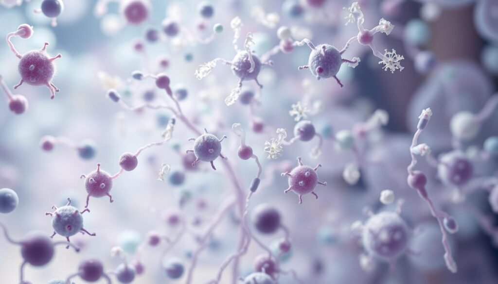 A close-up view of a diverse community of bacteria, yeasts, and other microorganisms that make up the intricate pregnancy microbiome. The image has a soft, ethereal quality, with delicate, translucent shapes and forms in shades of blue, green, and purple, subtly illuminated by a warm, natural light. The microbiome appears to be in a state of harmony and balance, reflecting the importance of a healthy gut during the various stages of a woman's life, from family planning to menopause. The composition is carefully structured, with the microbiome elements occupying the central and mid-ground regions, against a blurred, atmospheric background that suggests the broader context of a woman's bodily ecosystem. A close-up view of a diverse community of bacteria, yeasts, and other microorganisms that make up the intricate pregnancy microbiome. The image has a soft, ethereal quality, with delicate, translucent shapes and forms in shades of blue, green, and purple, subtly illuminated by a warm, natural light. The microbiome appears to be in a state of harmony and balance, reflecting the importance of a healthy gut during the various stages of a woman's life, from family planning to menopause. The composition is carefully structured, with the microbiome elements occupying the central and mid-ground regions, against a blurred, atmospheric background that suggests the broader context of a woman's bodily ecosystem.