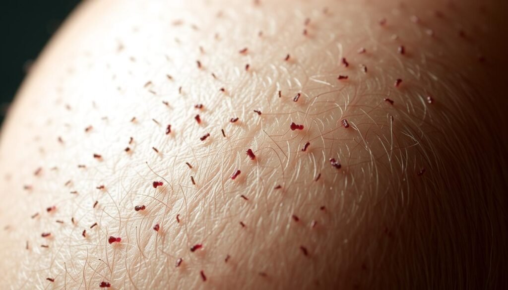 A close-up view of a healthy scalp, illuminated by soft, diffused lighting from above. The hair follicles are visible, evenly distributed across the scalp, with a clean, supple skin texture. The image captures the intricate network of blood vessels and follicles, showcasing the scalp's vital role in supporting hair growth. The overall mood is one of scientific curiosity and attention to detail, inviting the viewer to examine the scalp's structure and condition. The camera angle is slightly angled, providing a three-dimensional perspective that highlights the scalp's contours and depth.