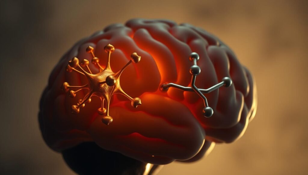 A close-up view of a human brain with the hormones leptin and ghrelin prominently displayed. The brain is illuminated from the side, casting dramatic shadows and highlights. The leptin molecule appears as a golden, intricate structure, while the ghrelin molecule is depicted in a sleek, silver form. The background is a soft, hazy gradient, allowing the key elements to stand out. The overall mood is one of scientific exploration and the interplay between these two crucial appetite-regulating hormones. The lighting is cinematic, adding depth and a sense of mystery to the scene.