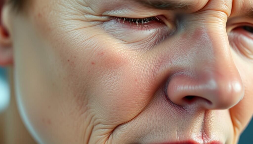A close-up view of a mature, healthy-looking human skin with a smooth, even complexion. The skin is well-hydrated, with a slight glow and minimal blemishes or imperfections. The lighting is soft and diffused, creating subtle shadows that accentuate the skin's texture and tone. The background is blurred, keeping the focus on the detailed, magnified view of the skin. The overall mood is one of wellness, with a sense of professionalism and expertise, as if examining the skin under a dermatologist's examination.