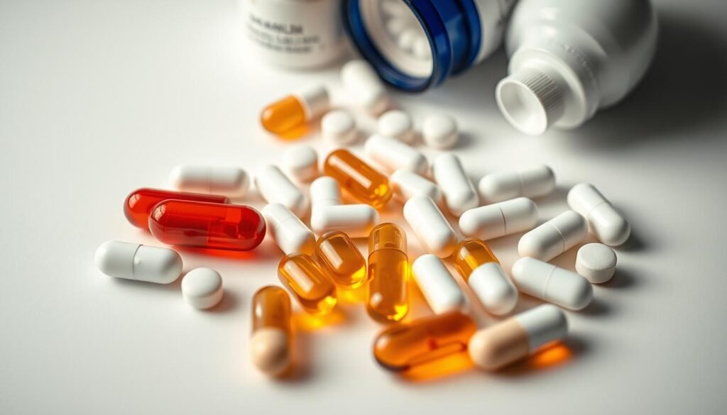 A close-up view of a variety of bioidentical hormone pills and capsules arranged neatly on a minimalist, light-colored surface. The pills are photographed from a high angle, using soft, even lighting that accentuates their colors and textures. The foreground is in focus, while the background is blurred, drawing the viewer's attention to the central subject. The composition is balanced and symmetrical, with the pills distributed evenly across the frame. The overall mood is clinical yet approachable, conveying a sense of professionalism and attention to detail.
