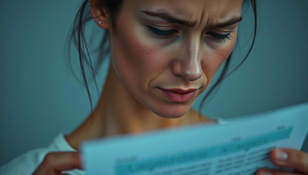 A close-up view of a woman's head and upper body, with a thoughtful, slightly concerned expression on her face. Her skin has a slightly flushed, uneven tone, and she is holding a diagnostic report in her hands. The lighting is soft and diffused, creating a subdued, introspective atmosphere. The background is blurred and minimalist, allowing the focus to remain on the woman's face and the report she is examining. The overall mood conveys a sense of medical inquiry and a desire to understand and address a hormonal imbalance.