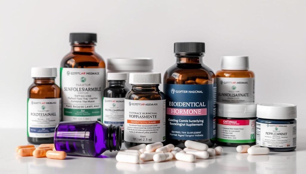 A close-up view of various bioidentical hormone supplements, including pills, capsules, and creams, against a clean, minimalist background. The lighting is soft and diffused, highlighting the natural textures and colors of the products. The composition is balanced, with the supplements arranged in a visually appealing manner. The overall mood is one of professionalism and scientific precision, conveying the importance and effectiveness of bioidentical hormone therapy.