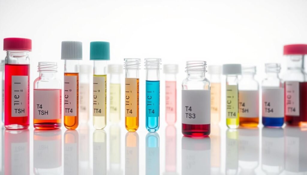A close-up view of various medical test tubes and vials arranged on a clean, sterile countertop. The tubes are filled with different colored liquids, representing various thyroid function tests such as TSH, T4, and T3. The lighting is bright and diffused, creating a clinical and professional atmosphere. The glass surfaces reflect the crisp, white background, emphasizing the precision and accuracy of the diagnostic process. The overall composition conveys a sense of medical expertise and the importance of these essential tests for monitoring and maintaining thyroid health.