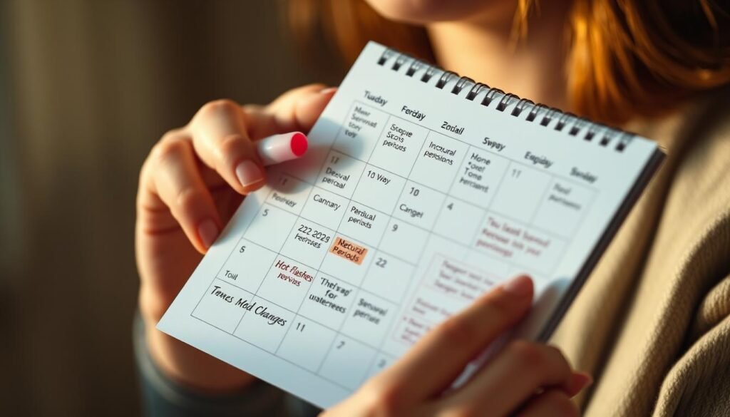A closeup image of a woman's hand holding a calendar, with subtle signs of perimenopause highlighted. The calendar pages are marked with dates and symptoms such as irregular periods, hot flashes, and mood changes. The lighting is soft and warm, creating a contemplative atmosphere. The background is slightly blurred, focusing the viewer's attention on the woman's hand and the calendar. The overall composition suggests the personal and introspective nature of the perimenopause experience. A closeup image of a woman's hand holding a calendar, with subtle signs of perimenopause highlighted. The calendar pages are marked with dates and symptoms such as irregular periods, hot flashes, and mood changes. The lighting is soft and warm, creating a contemplative atmosphere. The background is slightly blurred, focusing the viewer's attention on the woman's hand and the calendar. The overall composition suggests the personal and introspective nature of the perimenopause experience.