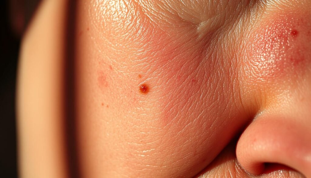 A closeup shot of skin with uneven, blotchy tone and visible sun spots. Dramatic low-angle lighting casts deep shadows, accentuating the skin's textural irregularities. The lighting is harsh yet moody, creating an ominous, ageingvibe. The camera is positioned close to the skin, capturing pores, fine lines, and imperfections in intricate detail. The overall composition draws the viewer's attention to the visible signs of premature aging, heightening the sense of concern and the need for preventative measures.