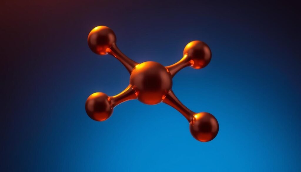 A closeup view of a hormone molecule, rendered in a clean, scientific style. The molecule is depicted in the center, glowing with a warm, amber-tinted light that reflects off the smooth, metallic surfaces. The background is dimly lit, with subtle gradients of blues and grays, conveying a sense of laboratory or research setting. The lighting is directional, casting subtle shadows that emphasize the three-dimensional structure of the molecule. The overall atmosphere is one of thoughtful contemplation, inviting the viewer to consider the role of hormones in the body's natural processes.
