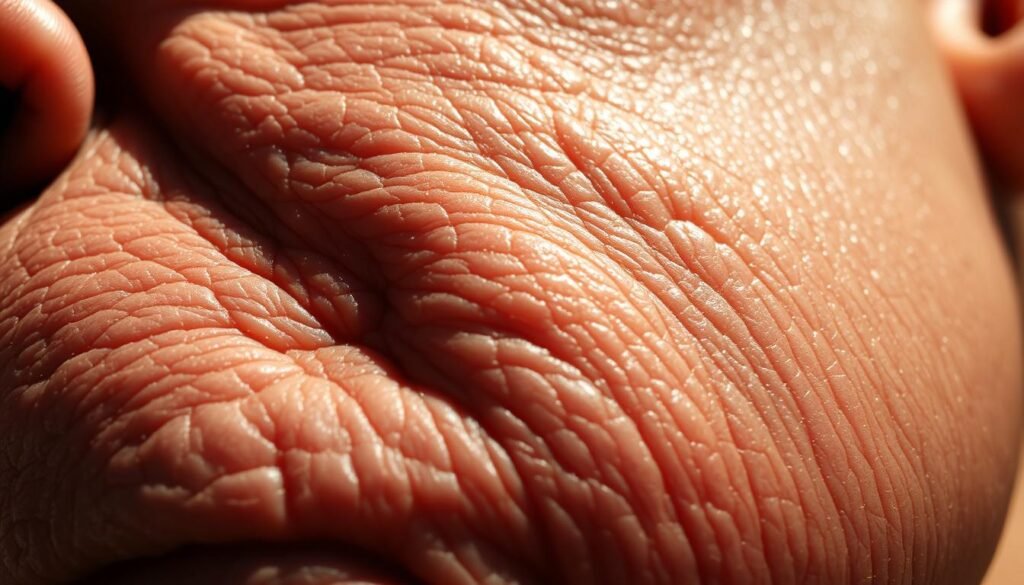 A closeup view of sun-damaged skin, showing fine lines, wrinkles, and discoloration caused by prolonged exposure to ultraviolet radiation. The skin appears weathered, with a leathery texture and visible sun spots. The lighting is harsh, casting dramatic shadows that emphasize the textural imperfections. The camera angle is slightly elevated, creating a sense of magnification and intensity. The overall mood is one of premature aging, with the skin appearing older and more worn than it should be. The image conveys the detrimental effects of sun exposure on the skin's appearance and health.