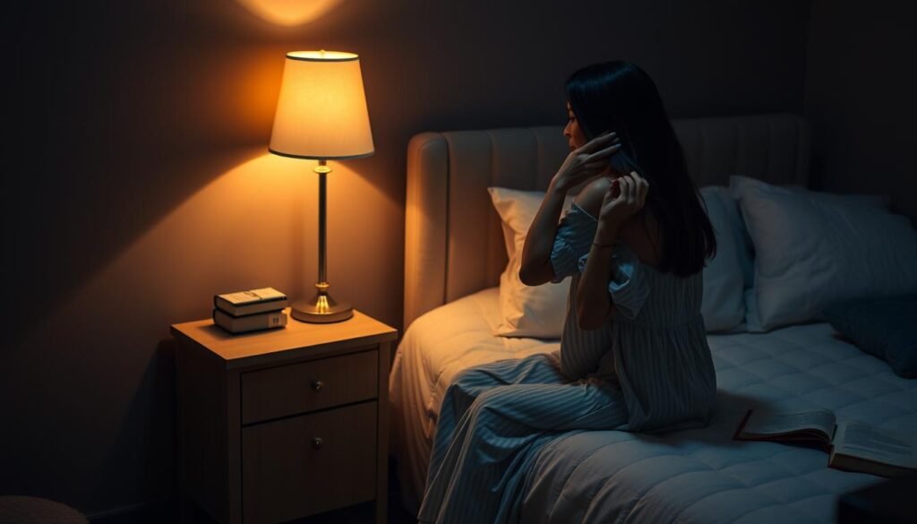 A cozy bedroom at night, the warm glow of a bedside lamp illuminating a woman's serene evening routine. She sits on the edge of her plush, neatly made bed, brushing her long, dark hair in front of a simple vanity. On the nightstand, a glass of water and a book await, signaling her intention to wind down for a restful night's sleep. The room is softly lit, with muted colors and gentle shadows creating a calming, intimate atmosphere. The woman wears a comfortable, modest nightgown, exuding a sense of tranquility and contentment as she prepares her body and mind for a restorative slumber.