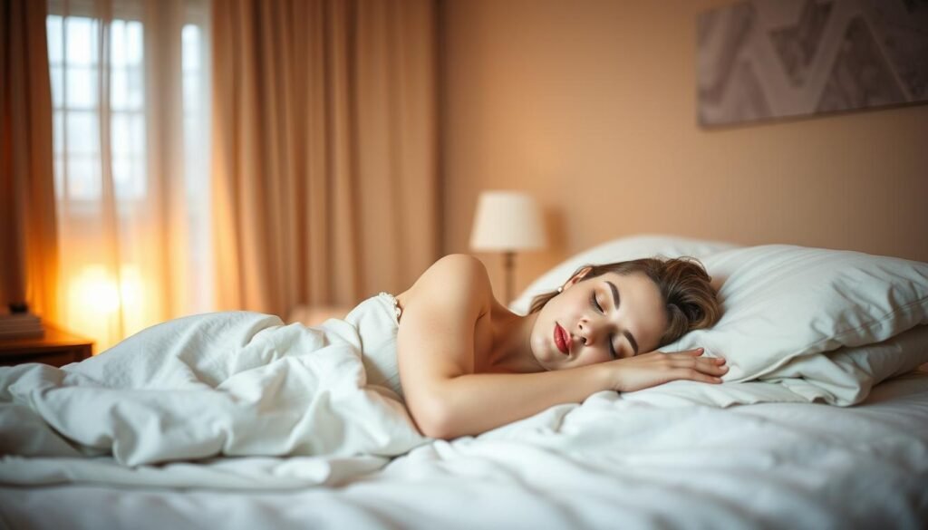 A cozy bedroom scene with a woman sleeping peacefully on a soft, plush bed. Warm, diffused lighting filters through sheer curtains, casting a gentle glow over the tranquil space. The woman's face is serene, her breathing slow and rhythmic, as she rests in a deep, restorative slumber. The bedroom is sparsely decorated, with minimal furniture and decor, allowing the focus to remain on the woman's restful state. Soft, neutral-toned bedding and fabrics create a calming, comfortable atmosphere, inviting the viewer to experience the soothing and rejuvenating power of quality sleep.