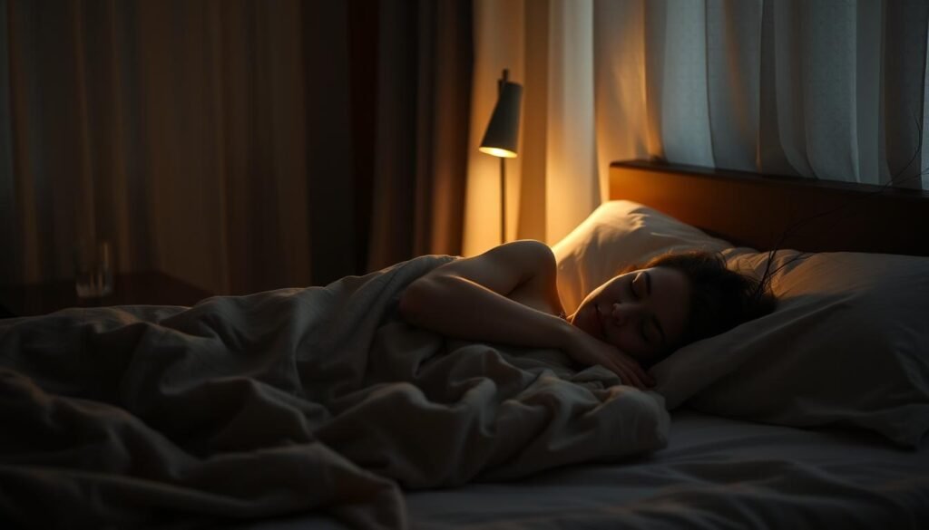 A cozy, dimly lit bedroom scene with a serene, sleeping figure under soft, weighted blankets. Muted, warm lighting filters through sheer curtains, casting a peaceful glow. Bedside table with a simple, minimalist lamp and a glass of water. Subtle textures in the bedding and fabrics create a sense of comfort and relaxation. The sleeping person's face is not visible, emphasizing the tranquility of the moment. Soft shadows and hints of texture in the background suggest a calming, private space. Overall, a harmonious, restorative atmosphere that evokes the importance of quality sleep for emotional wellbeing.