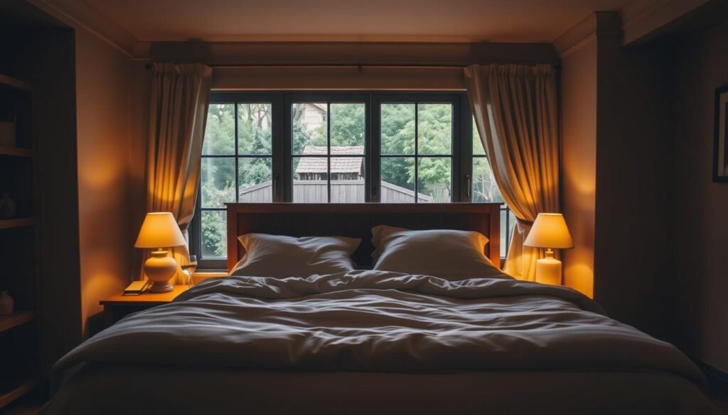 A cozy, dimly lit bedroom with warm, soft lighting. A large, inviting bed with plush bedding in neutral tones, framed by a wooden headboard. On the bedside tables, a reading lamp and a glass of water. In the background, a large window with flowing curtains, offering a view of a peaceful garden. The walls are painted in a soothing, earthy color palette. The overall atmosphere is one of tranquility and relaxation, promoting a sense of deep sleep and restoration.
