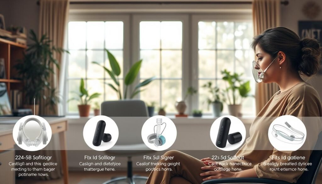 A cozy home office with a desk, chair, and various breathing devices neatly arranged. A warm, natural light streams through large windows, casting a serene ambiance. In the foreground, a woman in a casual, modest outfit sits contemplatively, studying the different devices and assessing their fit and features. The middle ground showcases the devices in detail, with clear annotations highlighting their key specifications and guidance for use. The background depicts a tranquil, plant-filled space, suggesting a calming, wellness-focused environment. The overall scene conveys a sense of thoughtful consideration and personalized selection of the right breathing device to meet the user's specific needs. A cozy home office with a desk, chair, and various breathing devices neatly arranged. A warm, natural light streams through large windows, casting a serene ambiance. In the foreground, a woman in a casual, modest outfit sits contemplatively, studying the different devices and assessing their fit and features. The middle ground showcases the devices in detail, with clear annotations highlighting their key specifications and guidance for use. The background depicts a tranquil, plant-filled space, suggesting a calming, wellness-focused environment. The overall scene conveys a sense of thoughtful consideration and personalized selection of the right breathing device to meet the user's specific needs.