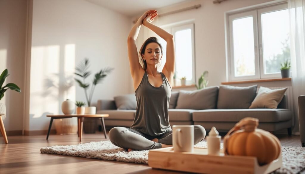 A cozy, inviting living room scene, with a large window letting in soft, warm natural light. In the foreground, a woman sits cross-legged on a plush rug, gently stretching her arms overhead, her face serene and focused. Behind her, a low coffee table holds a steaming mug and a few simple yoga props. The walls are painted in a soothing neutral tone, and a few potted plants add a touch of greenery. The atmosphere is calming and tranquil, conveying a sense of mindfulness and gentle movement.
