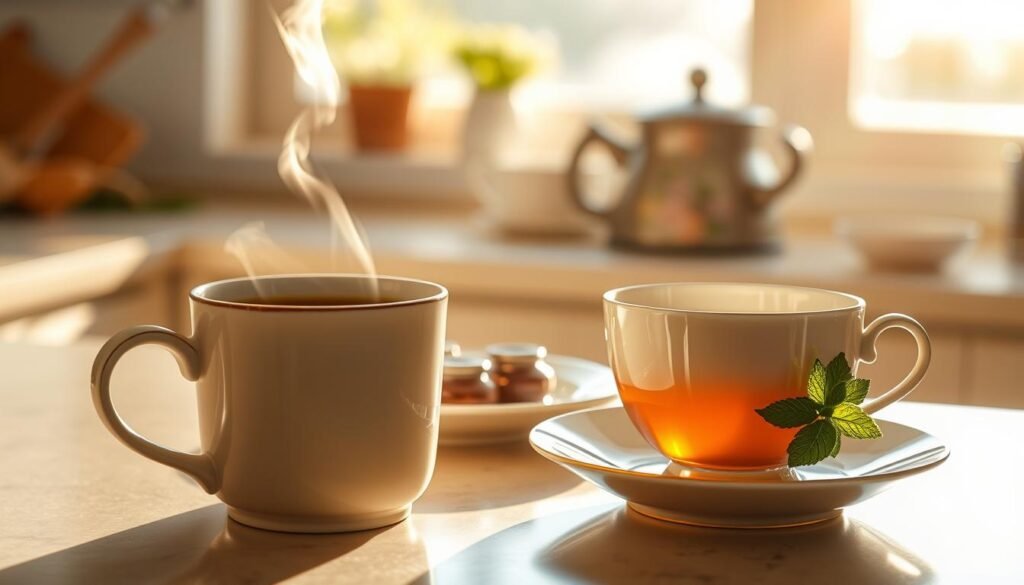 A cozy kitchen counter, bathed in warm, soft lighting. In the foreground, a delicate, ceramic mug filled with rich, dark coffee, its steam curling upwards. Beside it, a dainty teacup, its contents a fragrant, amber-hued tea, accompanied by a sprig of fresh mint. The background features a glimpse of a window, revealing a serene, sun-dappled morning landscape, creating a tranquil, inviting atmosphere. The arrangement exudes a sense of comfort and elegance, perfectly suited for a moment of quiet reflection to start the day.