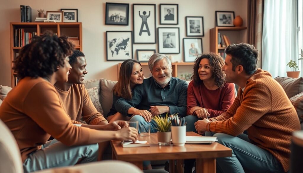 A cozy living room scene with a group of diverse individuals gathered around a coffee table, engaged in lively conversation. Soft, warm lighting illuminates the space, creating an atmosphere of comfort and camaraderie. In the foreground, a pair of friends sit closely, offering words of encouragement and support. In the middle ground, a family member listens intently, nodding empathetically. The background features bookshelves and framed photographs, hinting at the deep connections and history shared within this close-knit support system. The overall mood is one of togetherness, understanding, and the restorative power of close relationships.